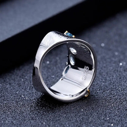 GEM'S BALLET Natural Creative Blue Topaz Gemstone Ring 925 Sterling Silver Handmade Bamboo Finger Rings for Women Fine Jewelry
