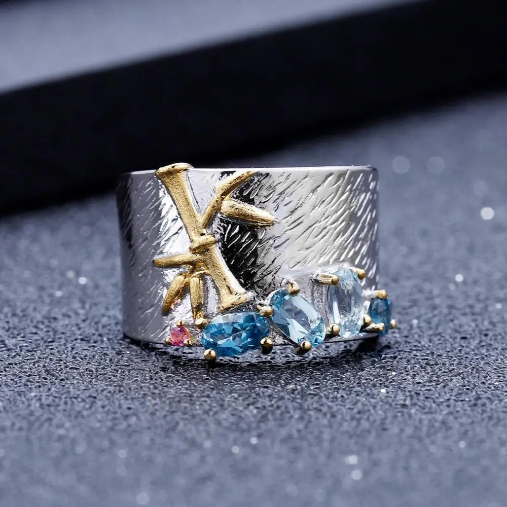 GEM'S BALLET Natural Creative Blue Topaz Gemstone Ring 925 Sterling Silver Handmade Bamboo Finger Rings for Women Fine Jewelry