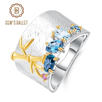 GEM'S BALLET Natural Creative Blue Topaz Gemstone Ring 925 Sterling Silver Handmade Bamboo Finger Rings for Women Fine Jewelry