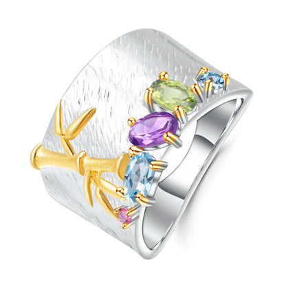 GEM'S BALLET Natural Creative Blue Topaz Gemstone Ring 925 Sterling Silver Handmade Bamboo Finger Rings for Women Fine Jewelry