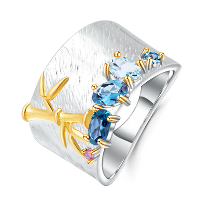 GEM'S BALLET Natural Creative Blue Topaz Gemstone Ring 925 Sterling Silver Handmade Bamboo Finger Rings for Women Fine Jewelry